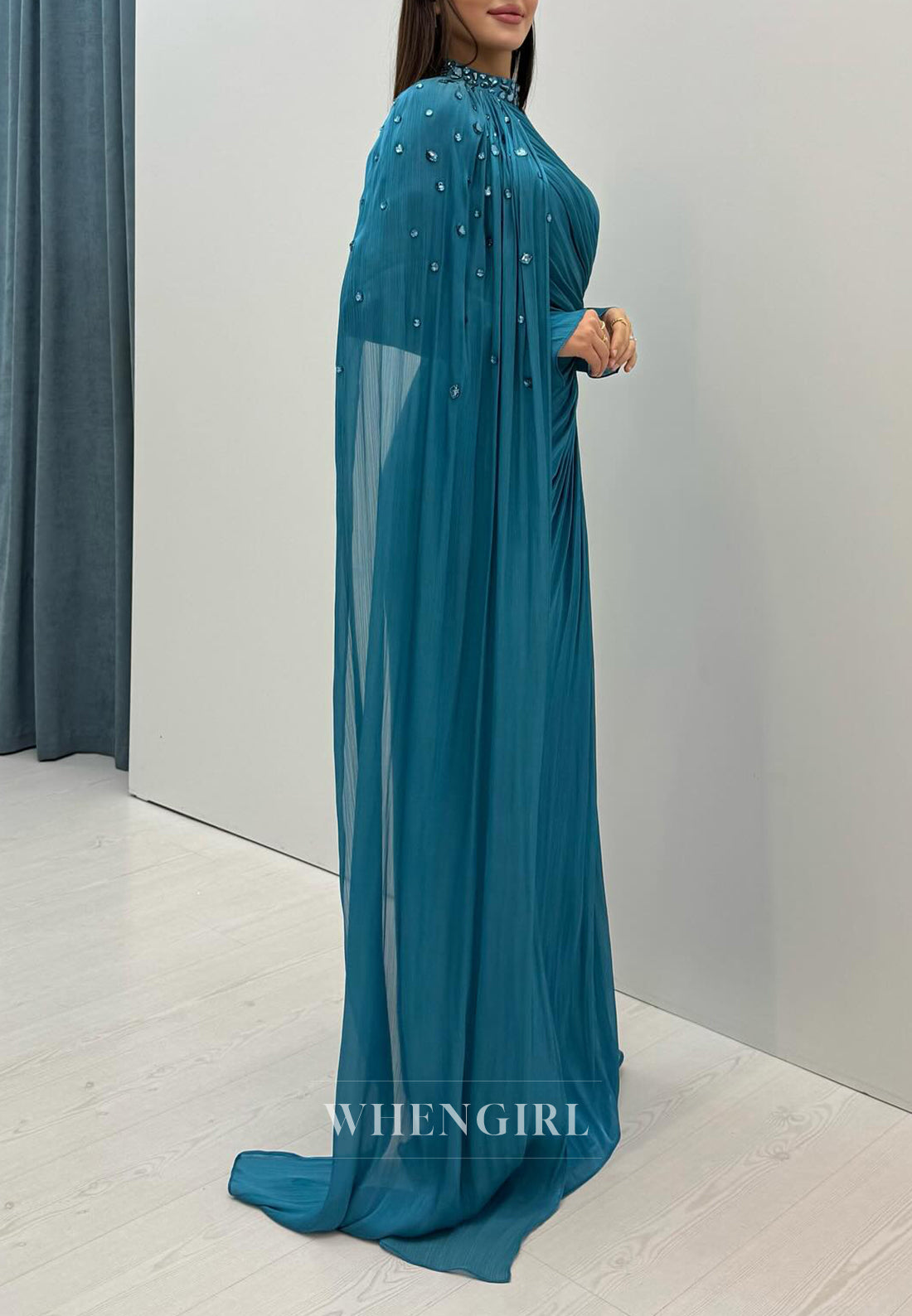 Peacock High Neck Rhinestones Beaded Long Sleeves Pleated Long Evening Party Gown