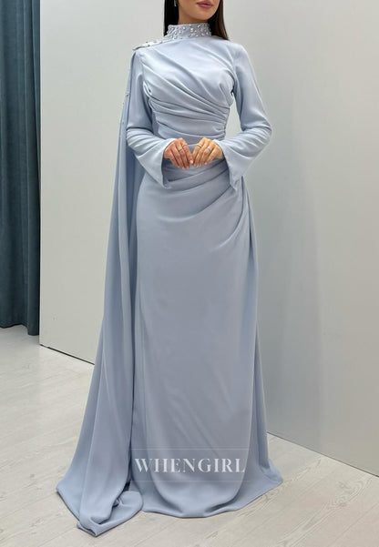 Sky Blue Beaded High Neck Long Sleeves Pleated Side Train Evening Formal Gown