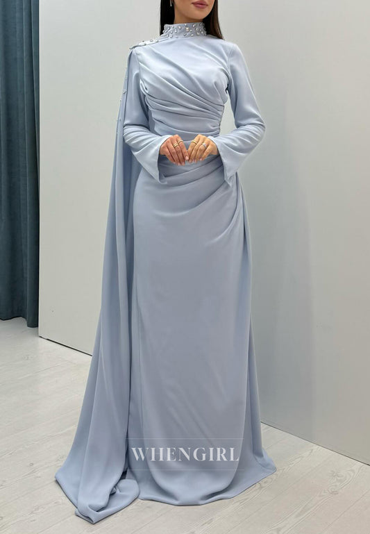 Sky Blue Beaded High Neck Long Sleeves Pleated Side Train Evening Formal Gown