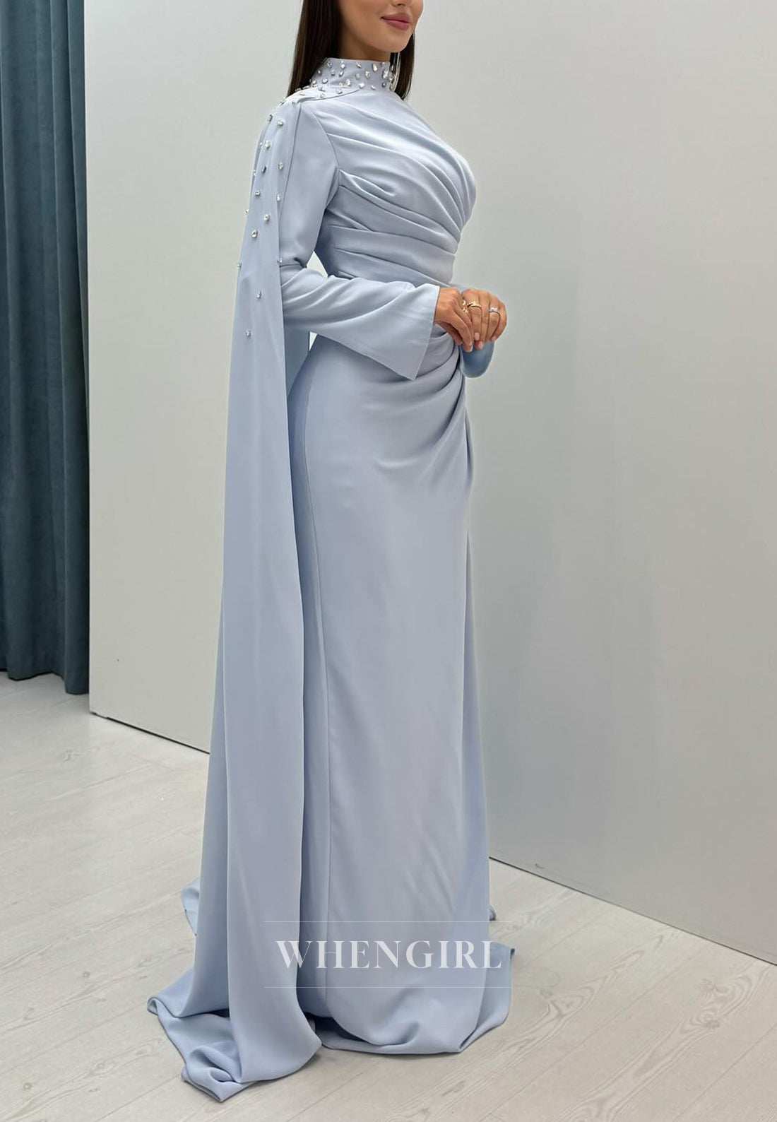 Sky Blue Beaded High Neck Long Sleeves Pleated Side Train Evening Formal Gown
