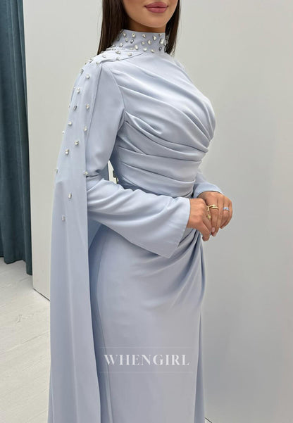 Sky Blue Beaded High Neck Long Sleeves Pleated Side Train Evening Formal Gown