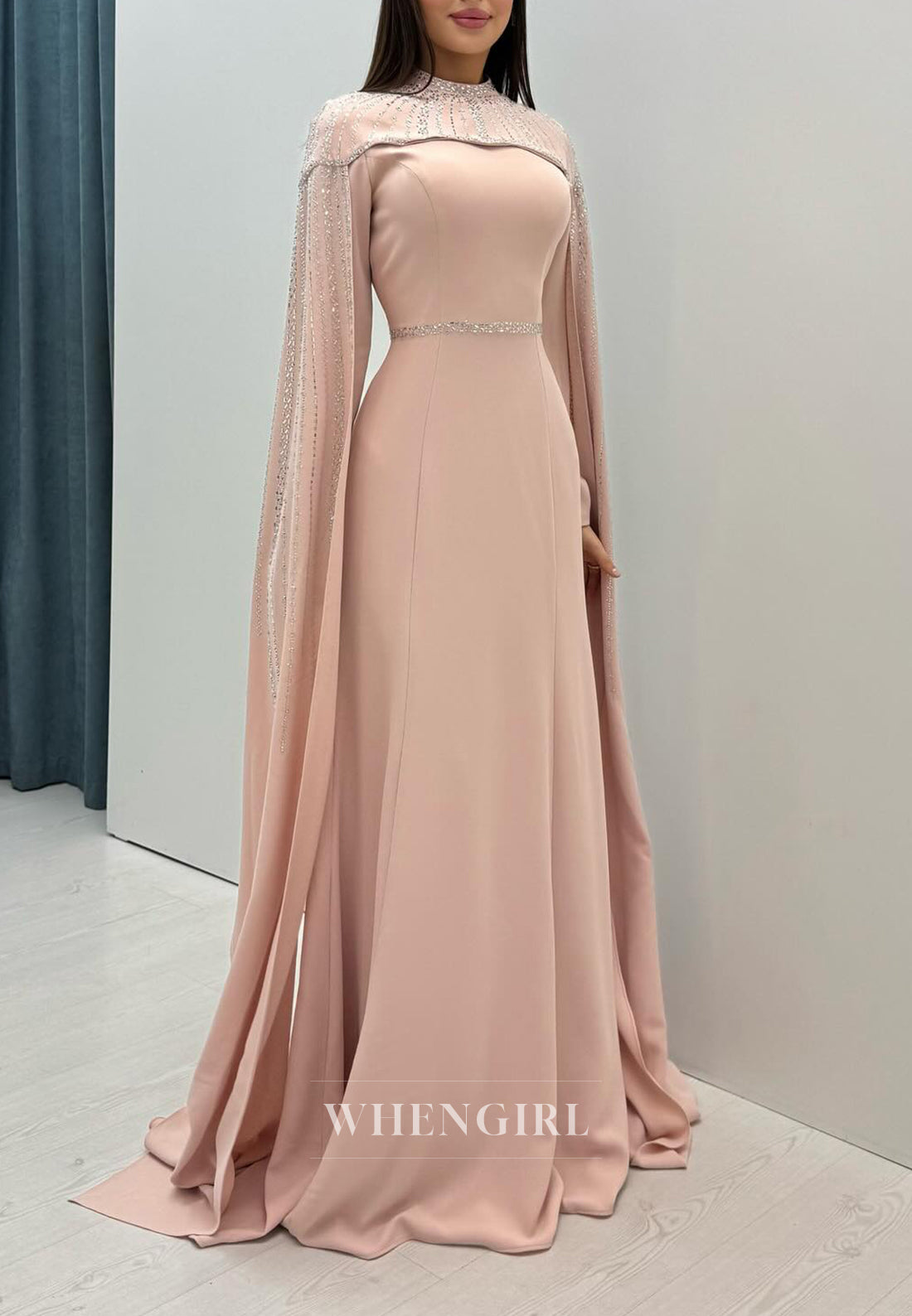 Pearl Pink Beaded High Neck Long Sleeves Sheath Formal Evening Dress