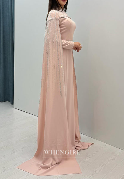 Pearl Pink Beaded High Neck Long Sleeves Sheath Formal Evening Dress