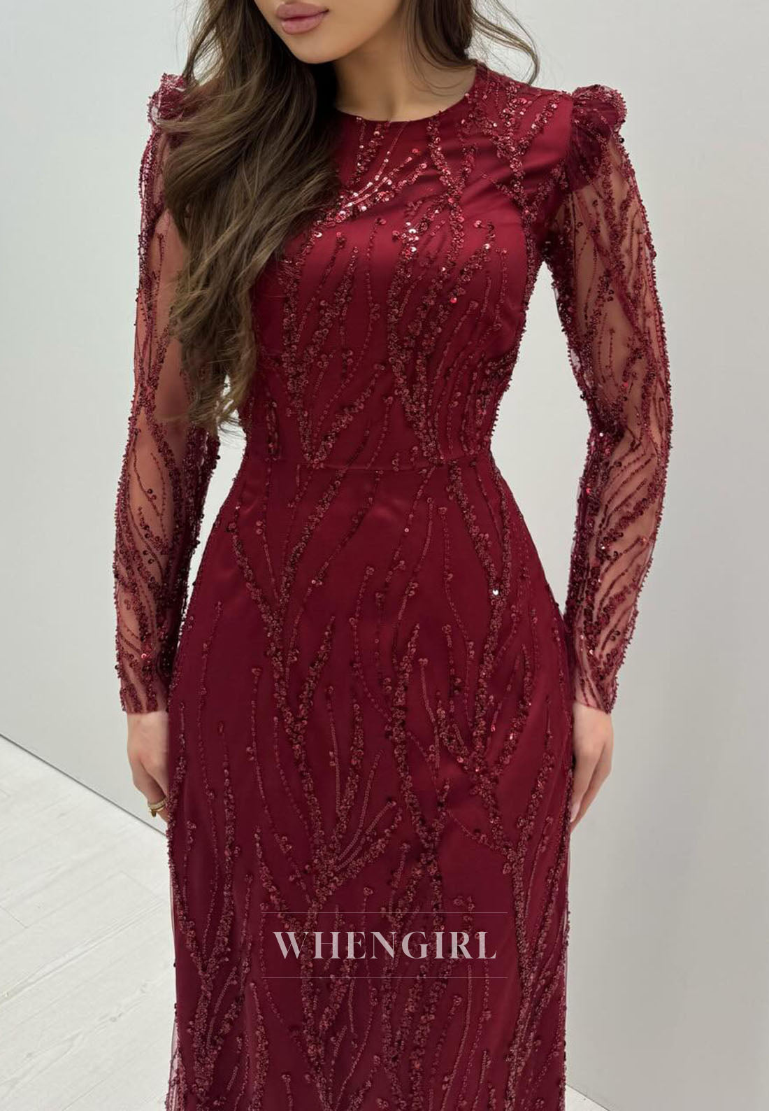 Bugundy Bateau Neck Long Sleeves Beaded Column Floor Length Evening Formal Gown