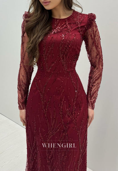 Bugundy Bateau Neck Long Sleeves Beaded Column Floor Length Evening Formal Gown