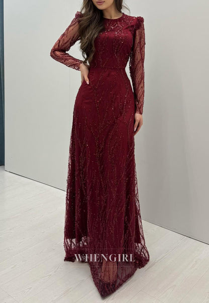 Bugundy Bateau Neck Long Sleeves Beaded Column Floor Length Evening Formal Gown