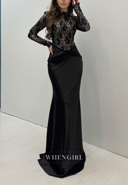 Black Lace Top Long Sleeves High Neck Sheath Evening Formal Dress