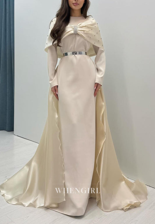 Champagne Bateau Neck Long Sleeves Beaded Mermaid Evening Formal Gown