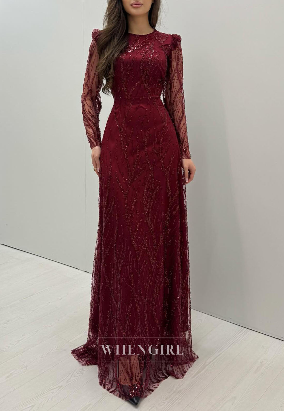 Bugundy Bateau Neck Long Sleeves Beaded Column Floor Length Evening Formal Gown