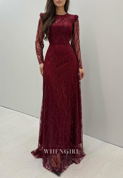 Bugundy Bateau Neck Long Sleeves Beaded Column Floor Length Evening Formal Gown