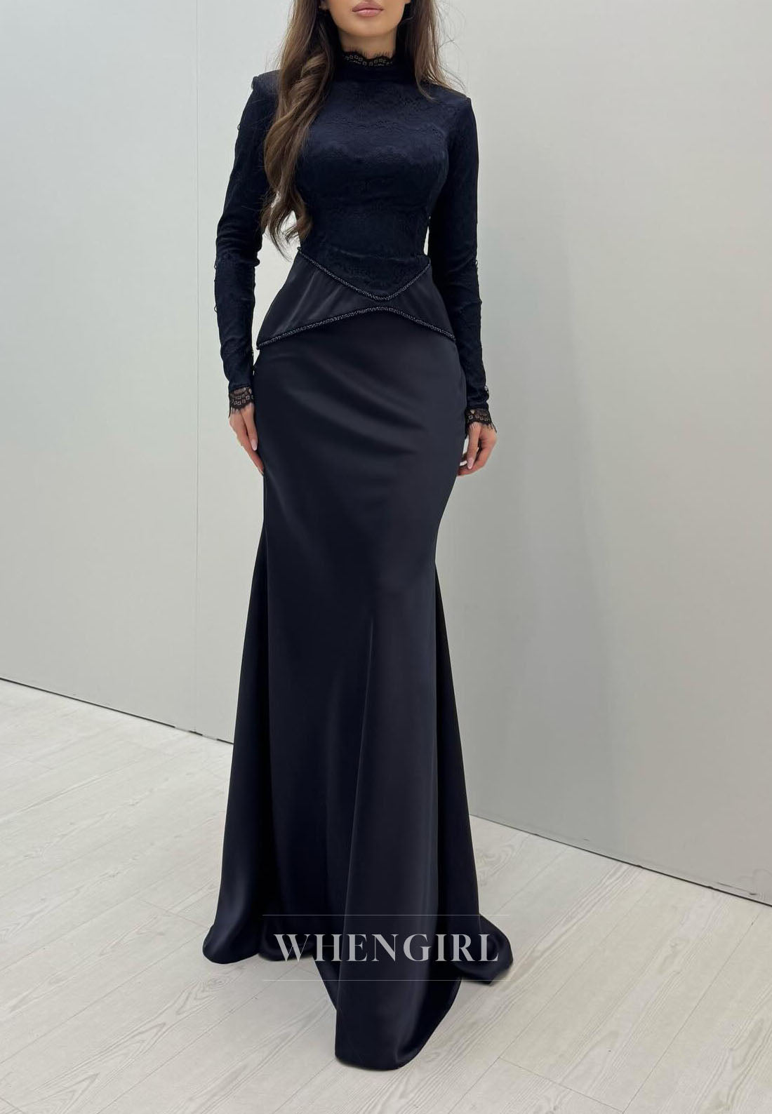 Navy Long Sleeves High Neck Mermaid Ruched Floor Length Evening Formal Dress