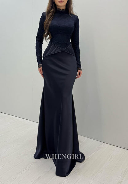 Navy Long Sleeves High Neck Mermaid Ruched Floor Length Evening Formal Dress