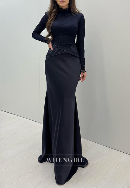 Navy Long Sleeves High Neck Mermaid Ruched Floor Length Evening Formal Dress