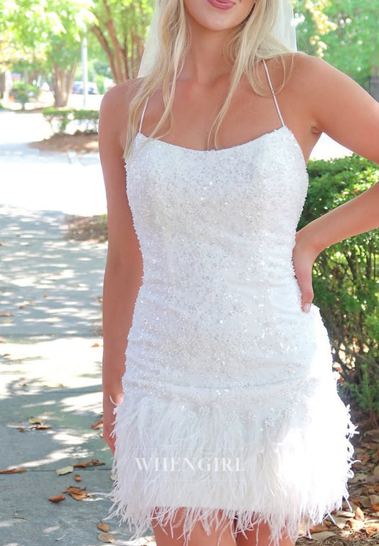 Bateatu Neck Spaghetti Straps Sleeveless Feather Sequins Sheath Short Wedding Dress