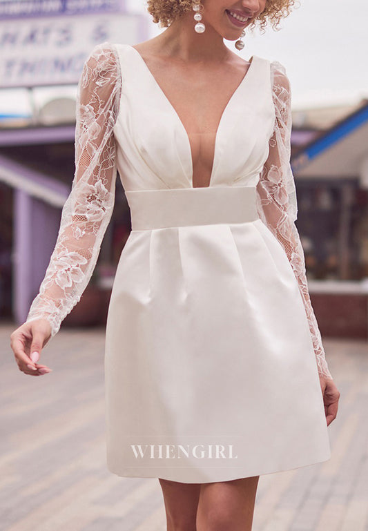 V Neck Satin Sheath Short Wedding Dress with Removable Long Lace Sleeves