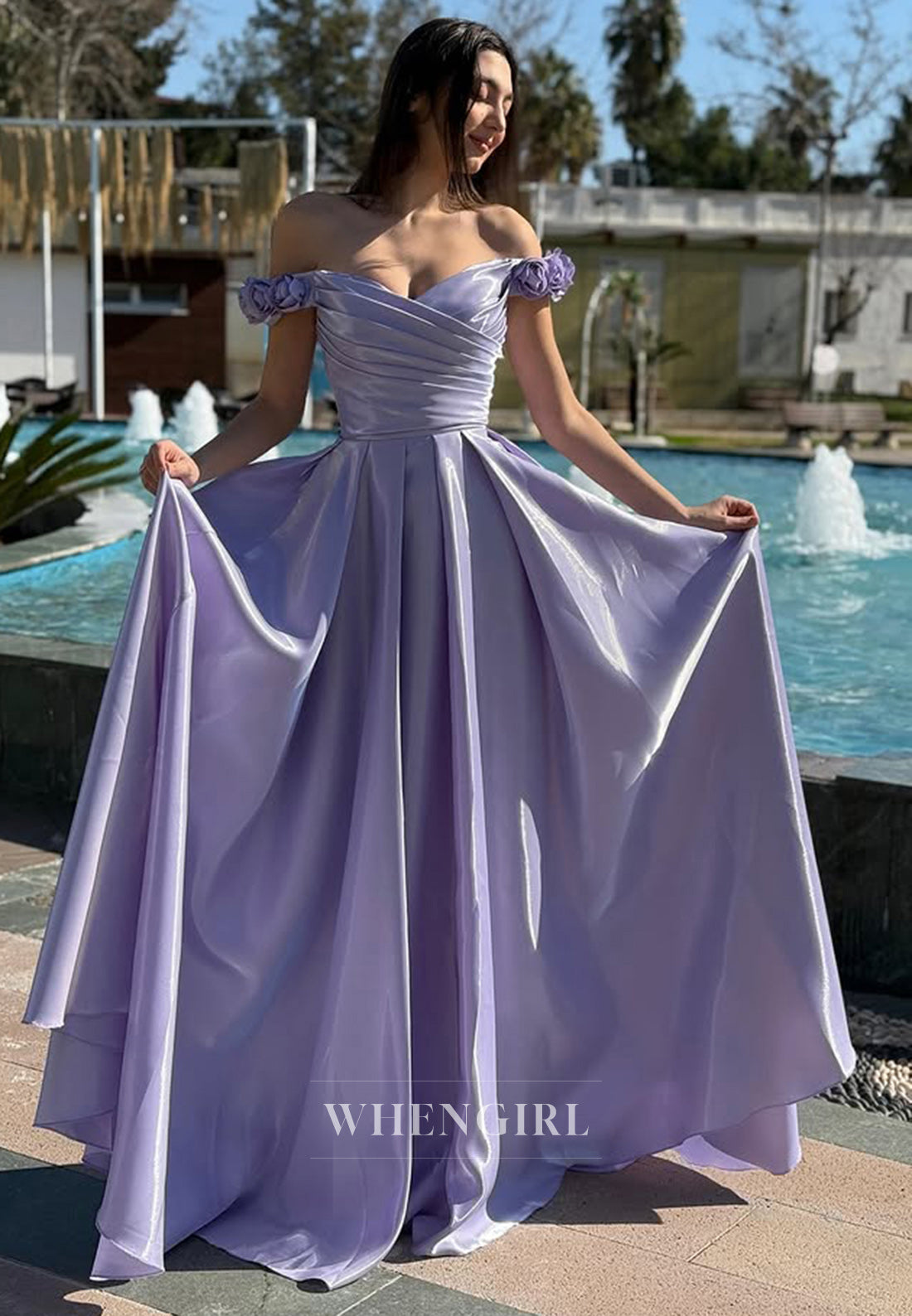Charming Off-Shoulder A-Line Pleated Satin Long Party Prom Dress with Floral