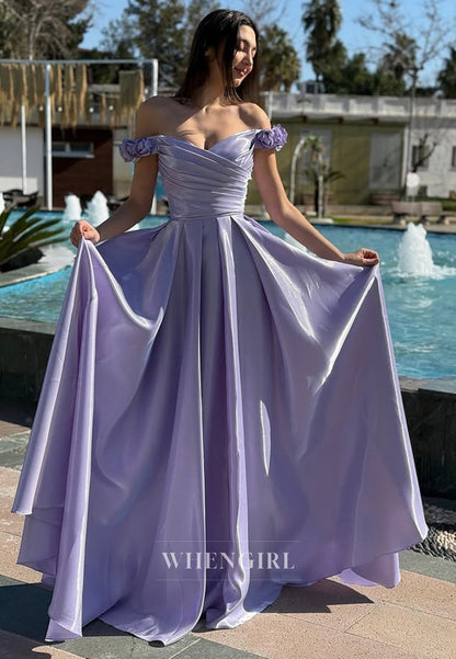 Charming Off-Shoulder A-Line Pleated Satin Long Party Prom Dress with Floral