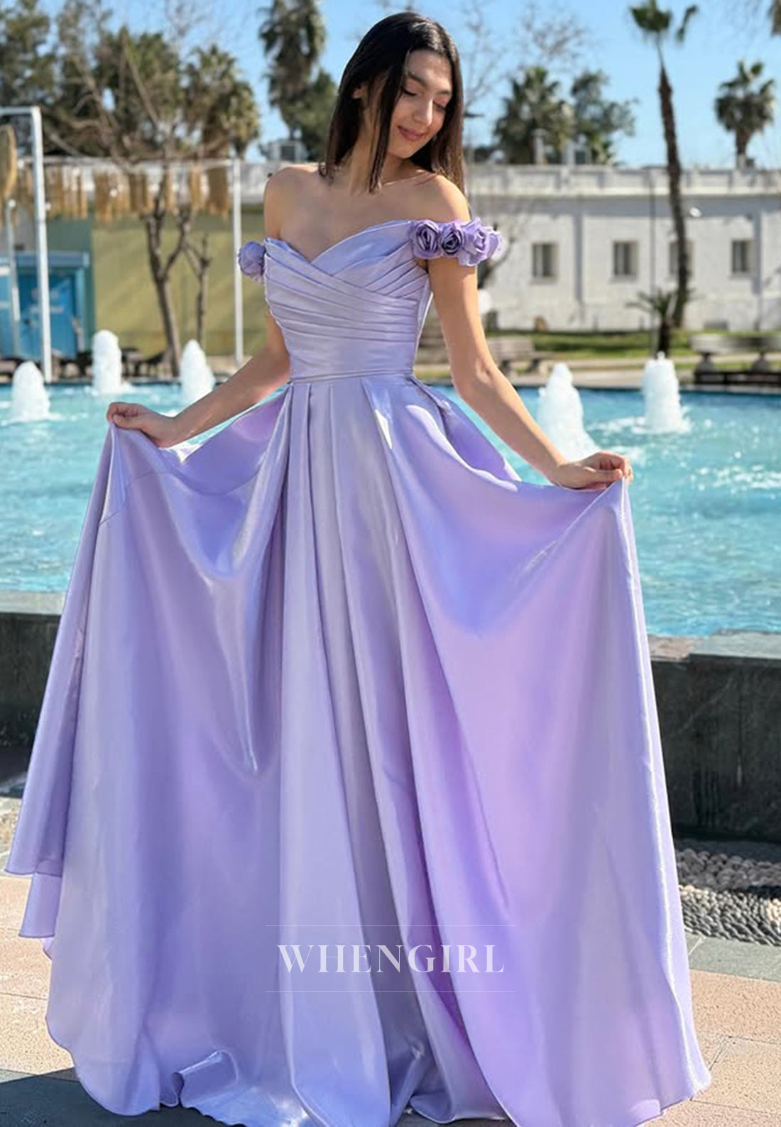 Charming Off-Shoulder A-Line Pleated Satin Long Party Prom Dress with Floral