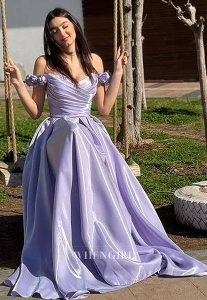 Charming Off-Shoulder A-Line Pleated Satin Long Party Prom Dress with Floral