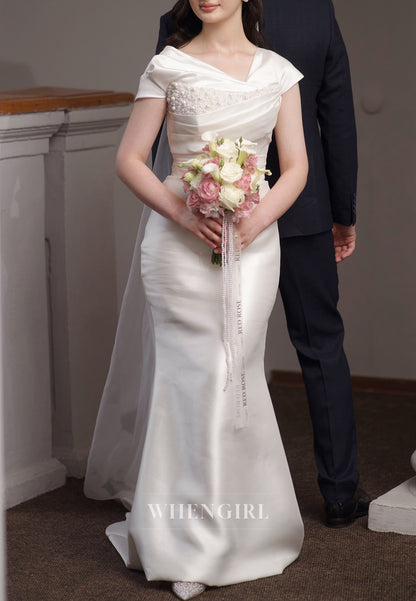 Sheath Asymmetrical Neck Cap Sleeves Pearls Beading Lace Up Satin Wedding Dress