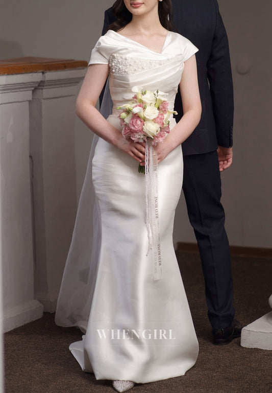 Sheath Asymmetrical Neck Cap Sleeves Pearls Beading Lace Up Satin Wedding Dress