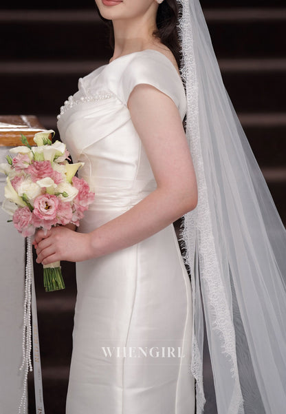 Sheath Asymmetrical Neck Cap Sleeves Pearls Beading Lace Up Satin Wedding Dress