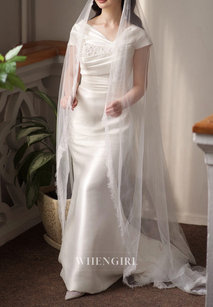 Sheath Asymmetrical Neck Cap Sleeves Pearls Beading Lace Up Satin Wedding Dress