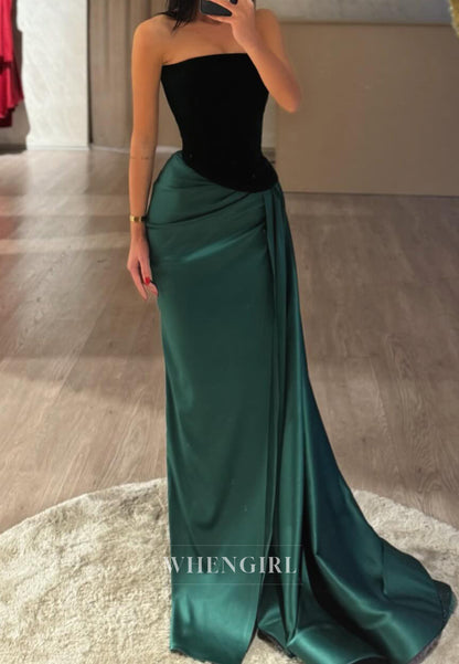 Classic Tube Top Sleeveless Side Slit Fitted Satin Pleats Prom Formal Gowns with Train