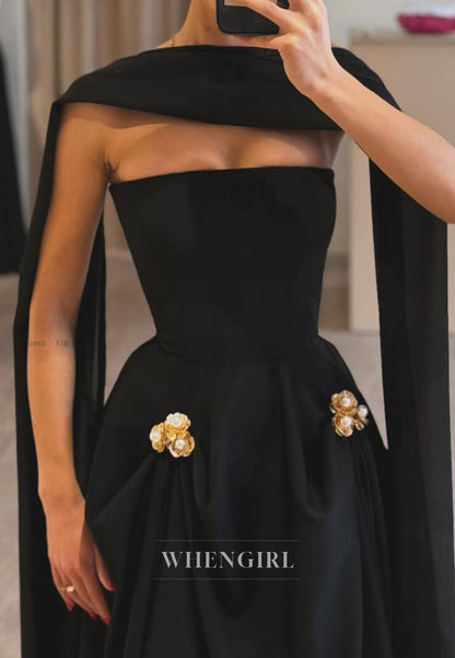 Charming Strapless A-Line Sleeveless Pleated Satin Black Prom Party Dress with Beads