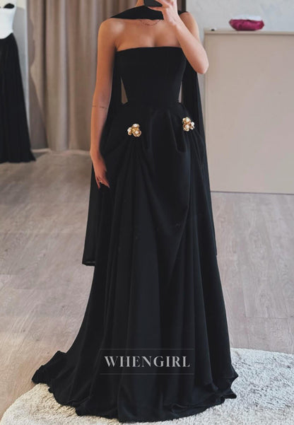 Charming Strapless A-Line Sleeveless Pleated Satin Black Prom Party Dress with Beads