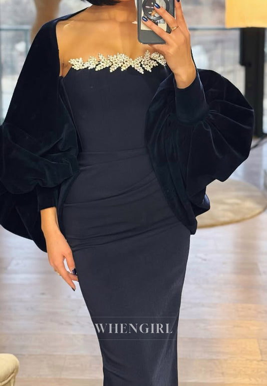 Elegant Tube Top Long Sleeves heath Pleated Satin Formal Party Dress with Beaded