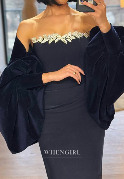 Elegant Tube Top Long Sleeves heath Pleated Satin Formal Party Dress with Beaded
