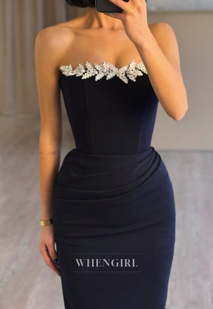 Elegant Tube Top Long Sleeves heath Pleated Satin Formal Party Dress with Beaded