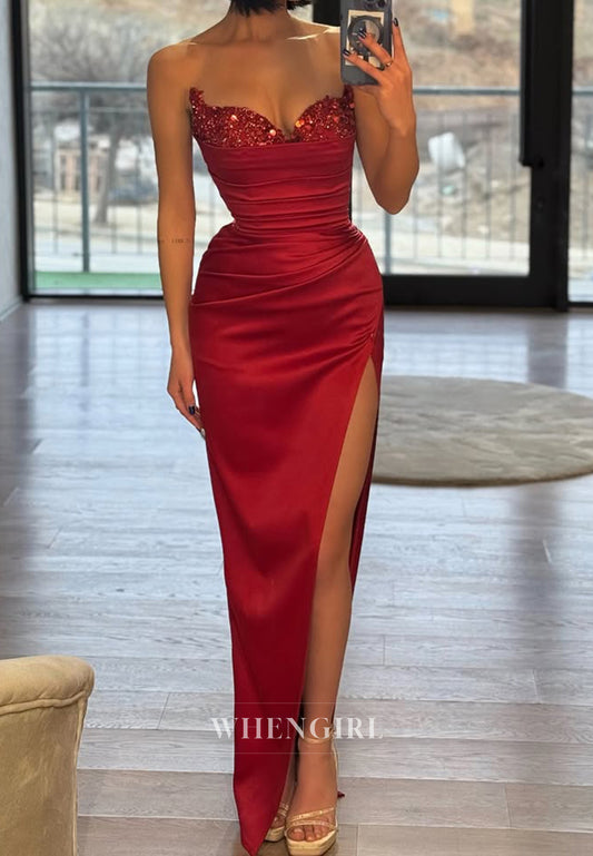 Glamorous Long Sleeves Sweetheart Sheath Beaded Satin Long Evening Prom Gown with Slit