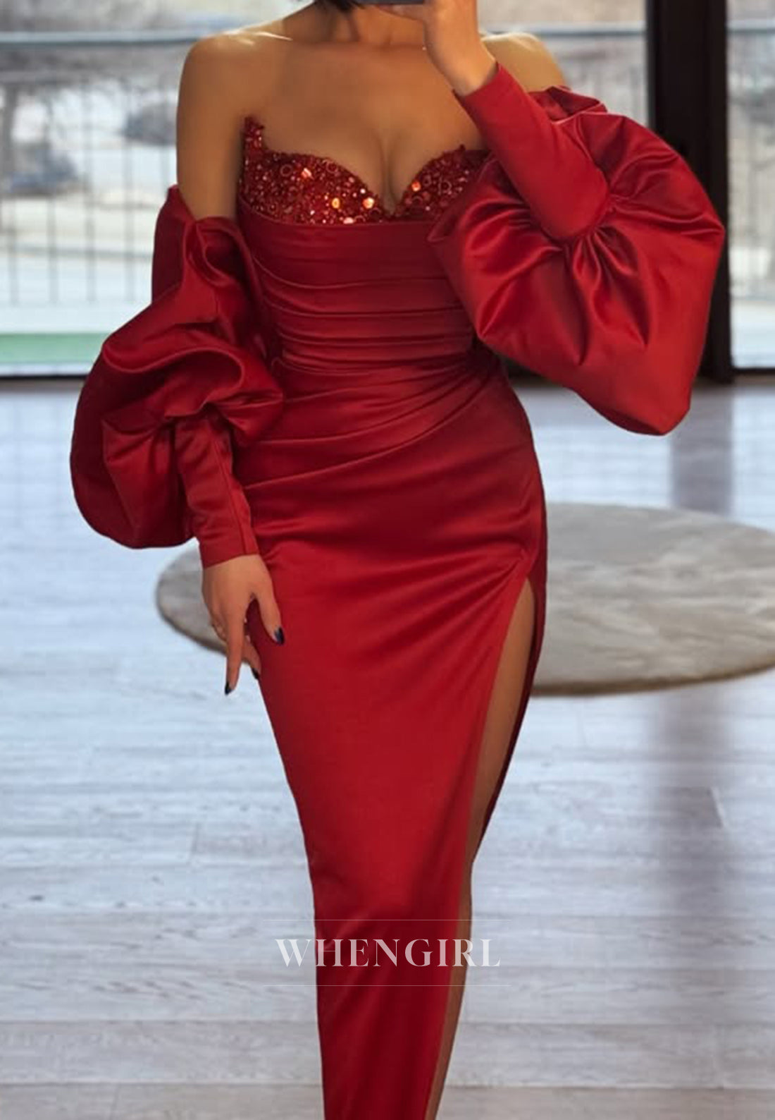 Glamorous Long Sleeves Sweetheart Sheath Beaded Satin Long Evening Prom Gown with Slit