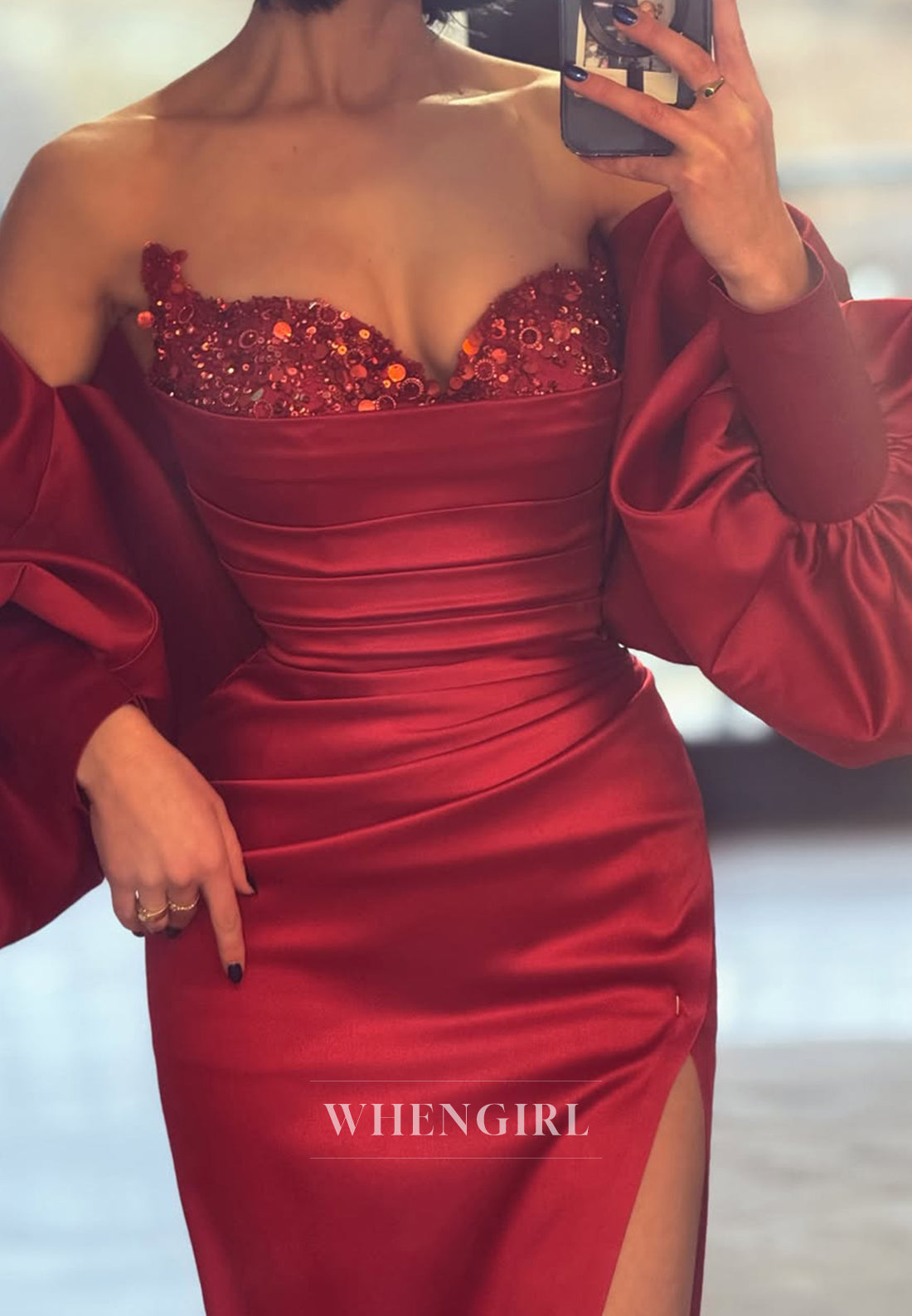 Glamorous Long Sleeves Sweetheart Sheath Beaded Satin Long Evening Prom Gown with Slit