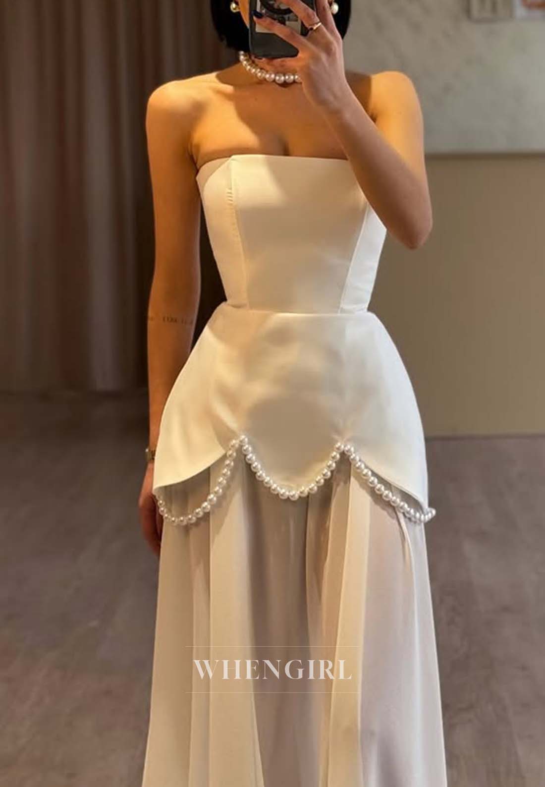 Sheath Sweep Train Sleeveless Pearls Tube Top Formal Evening Dress