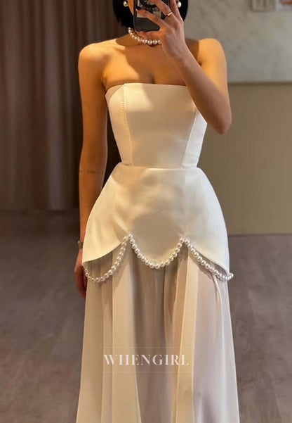 Sheath Sweep Train Sleeveless Pearls Tube Top Formal Evening Dress