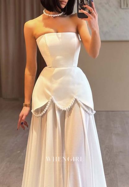 Sheath Sweep Train Sleeveless Pearls Tube Top Formal Evening Dress