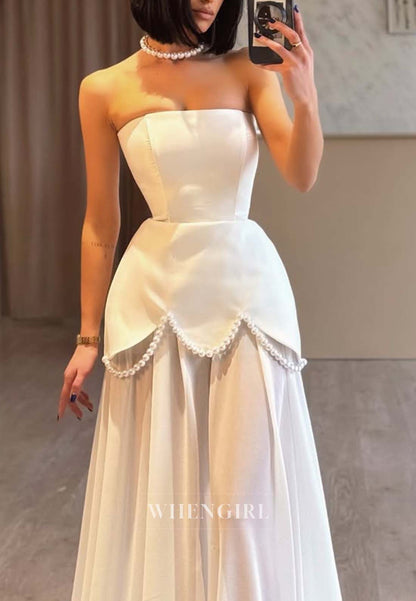 Sheath Sweep Train Sleeveless Pearls Tube Top Formal Evening Dress