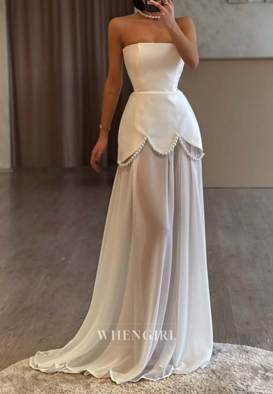 Sheath Sweep Train Sleeveless Pearls Tube Top Formal Evening Dress