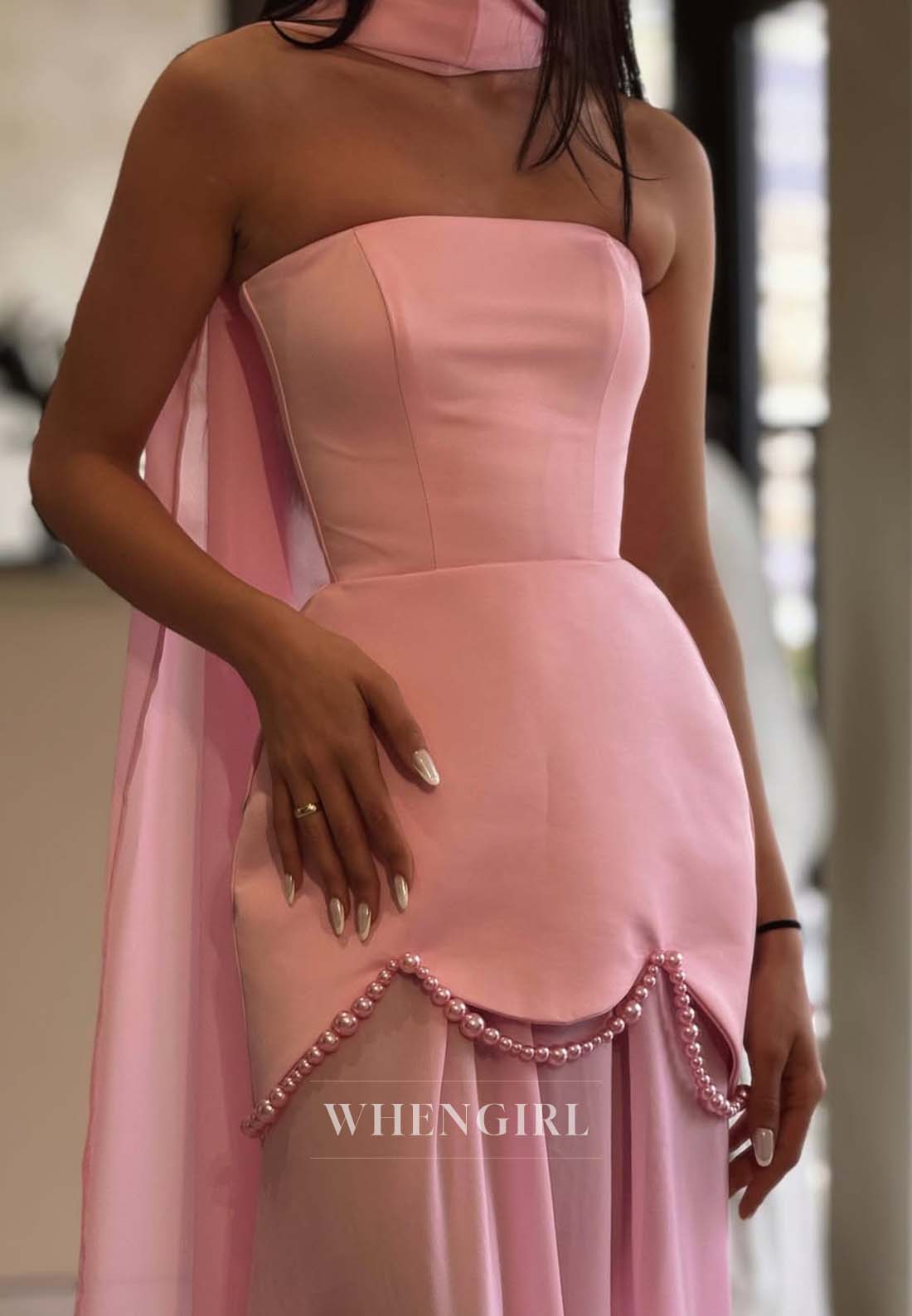 Sheath Sweep Train Sleeveless Pearls Tube Top Formal Evening Dress