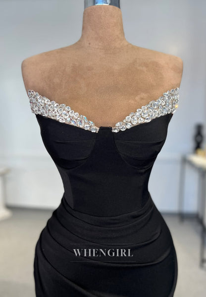 Gorgeous Strapless Sheath Formal Gown Sleeveless Pleats Satin Prom Dress with Beads
