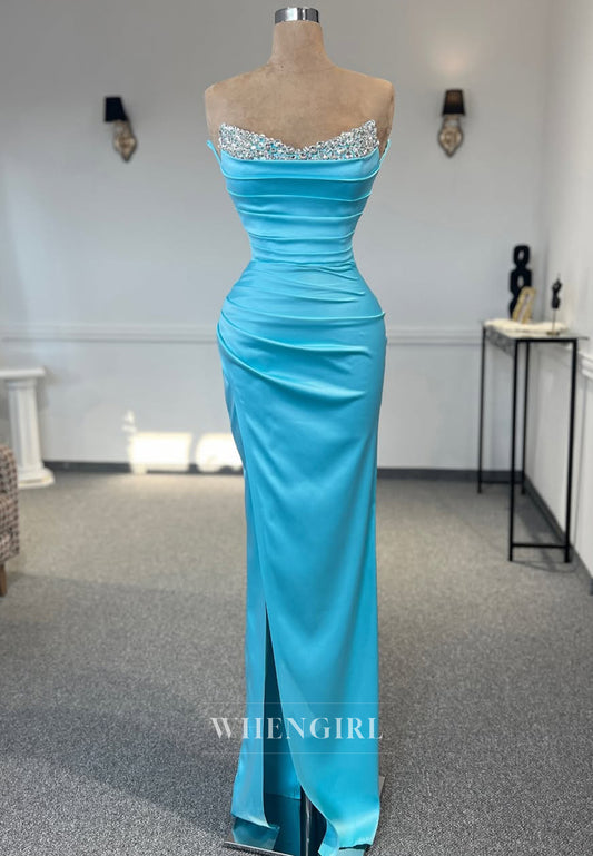 Elegant Beaded Sweetheart Sheath Prom Dresss Sleeveless Satin Party Gown with Slit