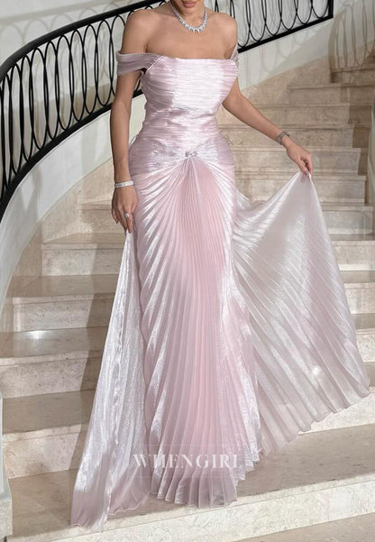 Light Pink Off Shoulder Pleated Floor Length Sheath Evening Formal Dress