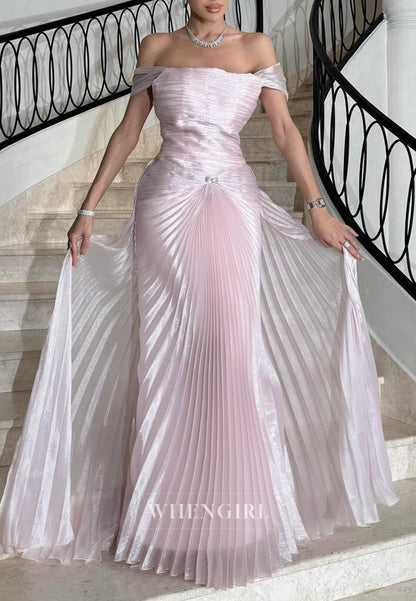 Light Pink Off Shoulder Pleated Floor Length Sheath Evening Formal Dress