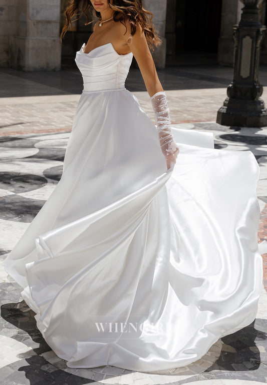 A-Line Strapless Lace Up Sleeveless Scoop Neck Pleated Court Train Satin Wedding Dress