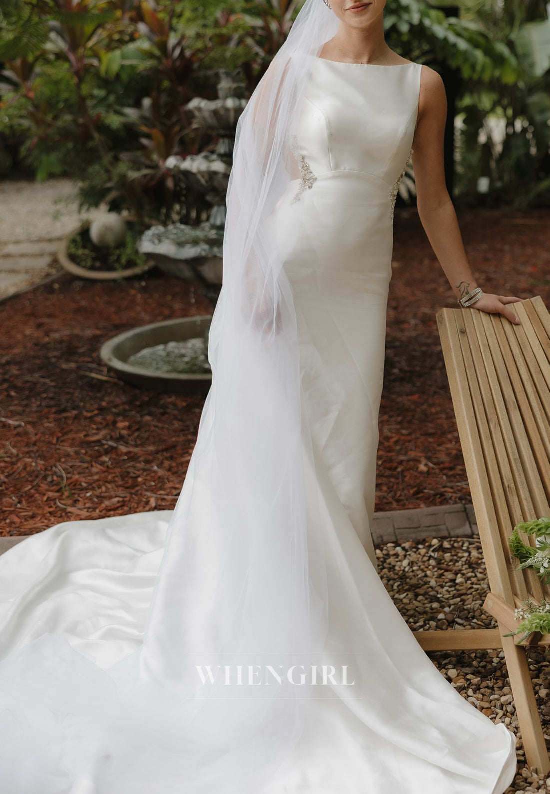 Column Bateau Neck Sleeveless Beaded Sweep Trian Wedding Dress
