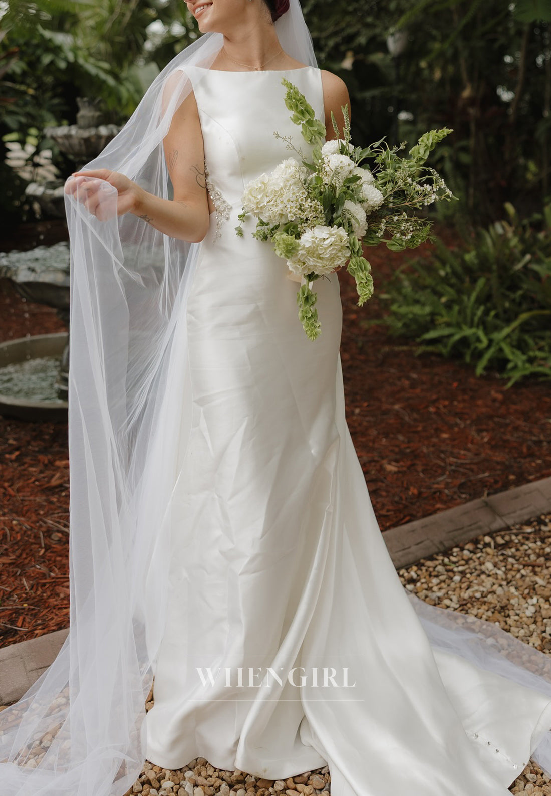Column Bateau Neck Sleeveless Beaded Sweep Trian Wedding Dress