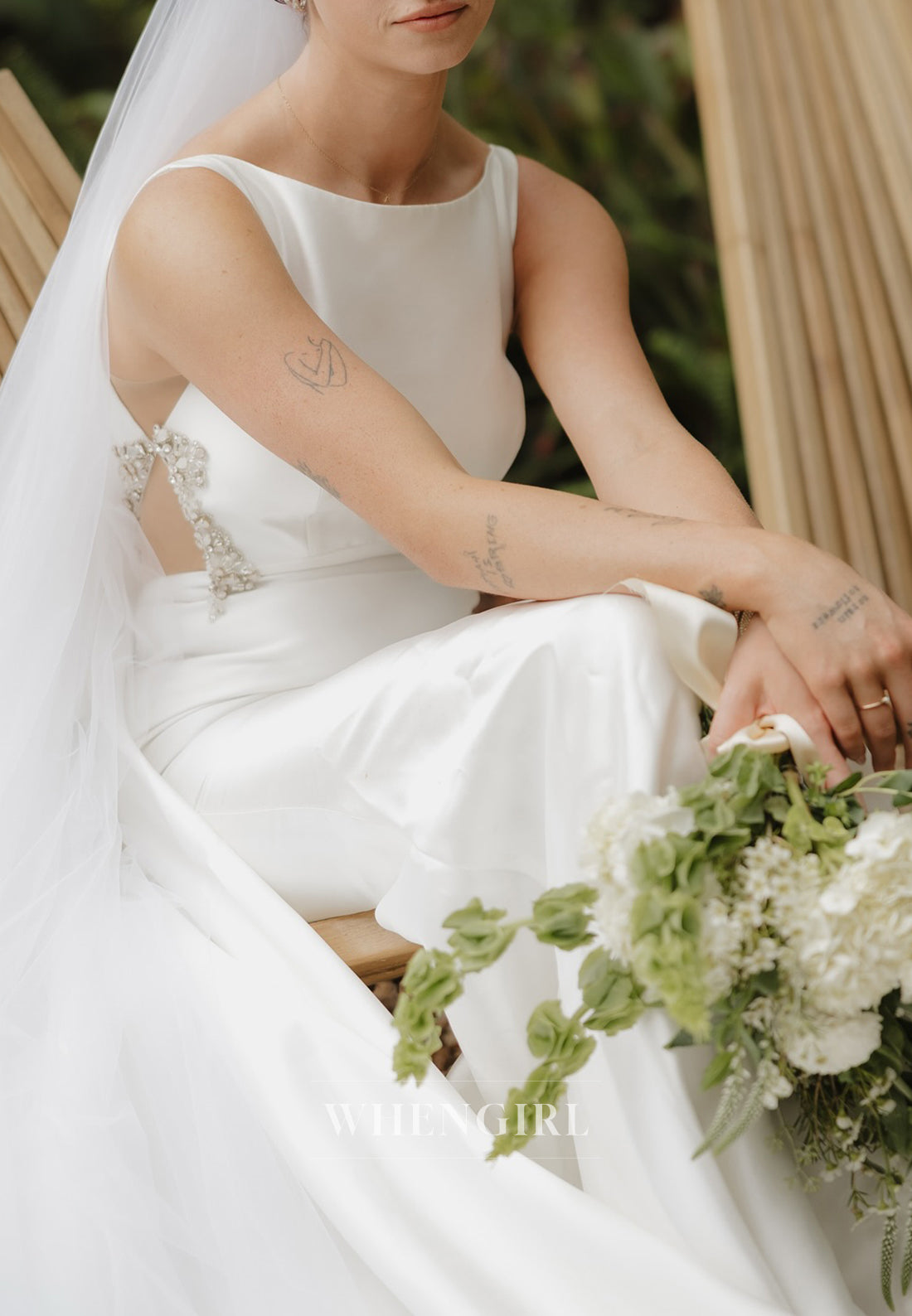 Column Bateau Neck Sleeveless Beaded Sweep Trian Wedding Dress
